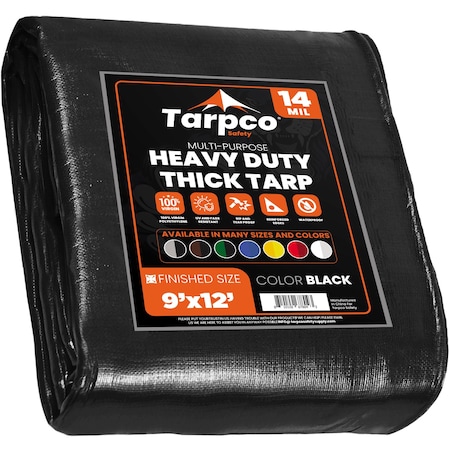 Tarpco Safety Heavy Duty Tarp, 9 ft x 12 ft, 14 Mil, Black, Polyethylene TS-106-9X12